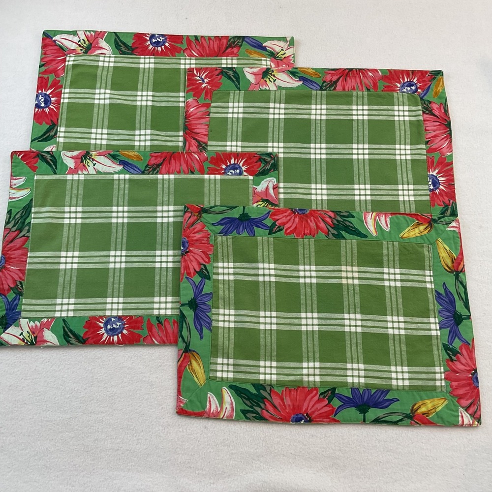 Williams Sonoma Floral Green Plaid Placemats Set of 4 Cotton 19x14 Rectangular